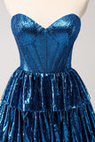 Peacock Blue A Line Strapless Corset Tiered Short Prom Dress