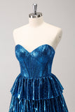 Peacock Blue A Line Strapless Corset Tiered Short Prom Dress