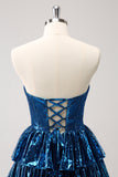 Peacock Blue A Line Strapless Corset Tiered Short Prom Dress