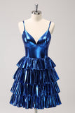 Ink Blue Spaghetti Straps A Line Tiered Short Prom Dress