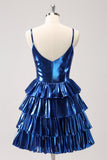 Ink Blue Spaghetti Straps A Line Tiered Short Prom Dress