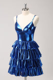 Ink Blue Spaghetti Straps A Line Tiered Short Prom Dress