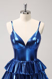 Ink Blue Spaghetti Straps A Line Tiered Short Prom Dress