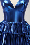 Ink Blue Spaghetti Straps A Line Tiered Short Prom Dress