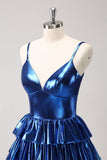 Ink Blue Spaghetti Straps A Line Tiered Short Prom Dress