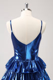 Ink Blue Spaghetti Straps A Line Tiered Short Prom Dress