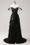 Glitter Black Silver Off The Shoulder A Line Corset Tiered Prom Dress