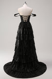 Glitter Black Silver Off The Shoulder A Line Corset Tiered Prom Dress