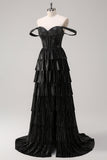 Glitter Black Silver Off The Shoulder A Line Corset Tiered Prom Dress