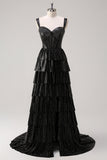 Glitter Black Silver Off The Shoulder A Line Corset Tiered Prom Dress