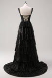 Glitter Black Silver Off The Shoulder A Line Corset Tiered Prom Dress