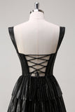 Glitter Black Silver Off The Shoulder A Line Corset Tiered Prom Dress