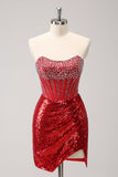 Sparkly Red Strapless Corset Sequined Beaded Tight Prom Dress with Slit