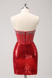 Sparkly Red Strapless Corset Sequined Beaded Tight Prom Dress with Slit