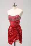 Sparkly Red Strapless Corset Sequined Beaded Tight Prom Dress with Slit