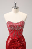 Sparkly Red Strapless Corset Sequined Beaded Tight Prom Dress with Slit