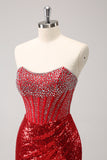 Sparkly Red Strapless Corset Sequined Beaded Tight Prom Dress with Slit