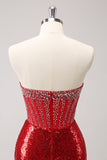 Sparkly Red Strapless Corset Sequined Beaded Tight Prom Dress with Slit