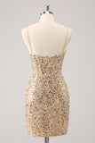 Sparkly Golden Spaghetti Straps Bodycon Prom Dress with Sequins