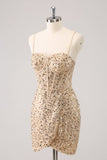 Sparkly Golden Spaghetti Straps Bodycon Prom Dress with Sequins