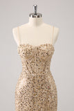 Sparkly Golden Spaghetti Straps Bodycon Prom Dress with Sequins