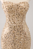 Sparkly Golden Spaghetti Straps Bodycon Prom Dress with Sequins