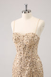 Sparkly Golden Spaghetti Straps Bodycon Prom Dress with Sequins