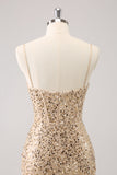 Sparkly Golden Spaghetti Straps Bodycon Prom Dress with Sequins