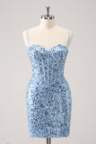 Sparkly Blue Tight Sequins Spaghetti Straps Prom Dress