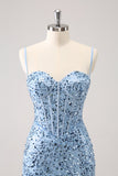 Sparkly Blue Tight Sequins Spaghetti Straps Prom Dress