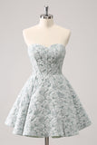 Grey Green A-Line Strapless Floral Short Prom Dress