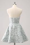 Grey Green A-Line Strapless Floral Short Prom Dress