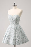 Grey Green A-Line Strapless Floral Short Prom Dress