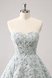 Grey Green A-Line Strapless Floral Short Prom Dress