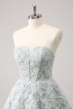 Grey Green A-Line Strapless Floral Short Prom Dress