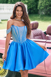 Sparkly Blue A Line Off the Shoulder Satin Ruffle Prom Dress with Beading