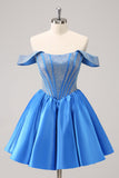 Sparkly Blue A-Line Off the Shoulder Beaded Satin Prom Dress