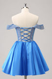 Sparkly Blue A-Line Off the Shoulder Beaded Satin Prom Dress