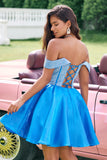 Sparkly Blue A Line Off the Shoulder Satin Ruffle Prom Dress with Beading