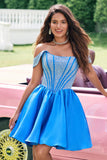 Sparkly Blue A Line Off the Shoulder Satin Ruffle Prom Dress with Beading