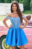 Sparkly Blue A Line Off the Shoulder Satin Ruffle Prom Dress with Beading