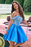 Sparkly Blue A Line Off the Shoulder Satin Ruffle Prom Dress with Beading