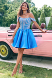 Sparkly Blue A Line Off the Shoulder Satin Ruffle Prom Dress with Beading