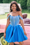 Sparkly Blue A Line Off the Shoulder Satin Ruffle Prom Dress with Beading