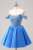 Sparkly Blue A-Line Off the Shoulder Beaded Satin Prom Dress