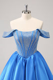 Sparkly Blue A-Line Off the Shoulder Beaded Satin Prom Dress