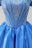 Sparkly Blue A-Line Off the Shoulder Beaded Satin Prom Dress