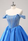 Sparkly Blue A-Line Off the Shoulder Beaded Satin Prom Dress