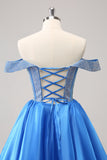 Sparkly Blue A-Line Off the Shoulder Beaded Satin Prom Dress