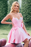 Cute Pink A Line Strapless Beaded Corset Ruffle Prom Dress with Bows